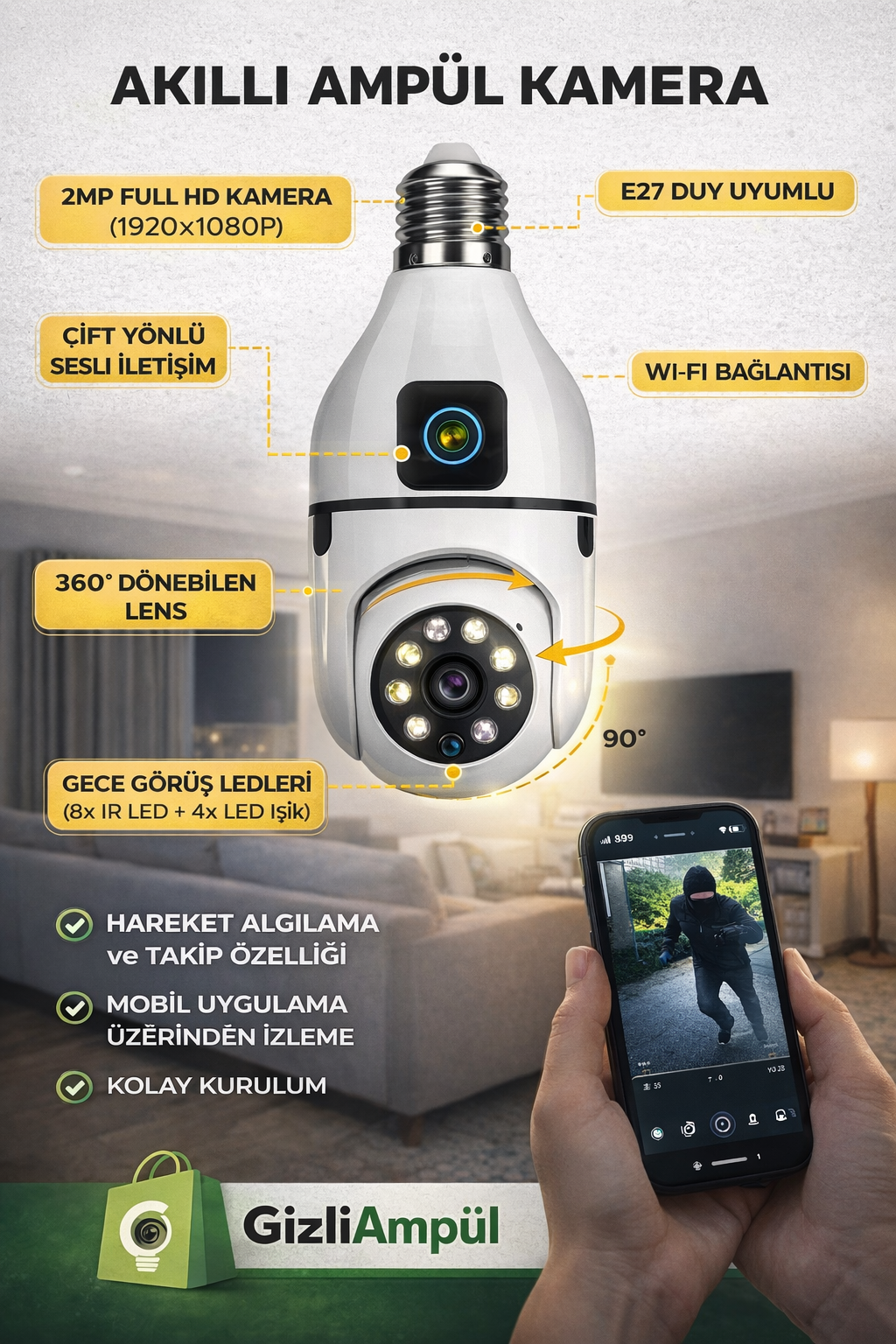 Çift Lensli Duy Girişli Kablosuz Ampul Kamera