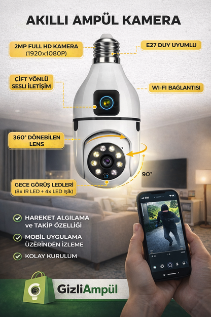 Çift Lensli Duy Girişli Kablosuz Ampul Kamera